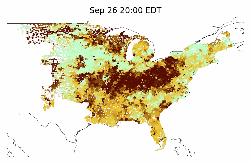 Animated map of transmission network nodes across the eastern U.S., colored by consumed emission rate over time, illustrating how CarbonFlow traces power flows and their emissions across the grid.