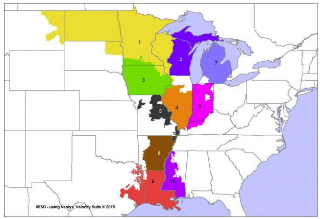 Map of MISO's 10 local resource zones, numbered 1 to 10, spanning from North Dakota and Minnesota in the north to Louisiana and Mississippi in the south.