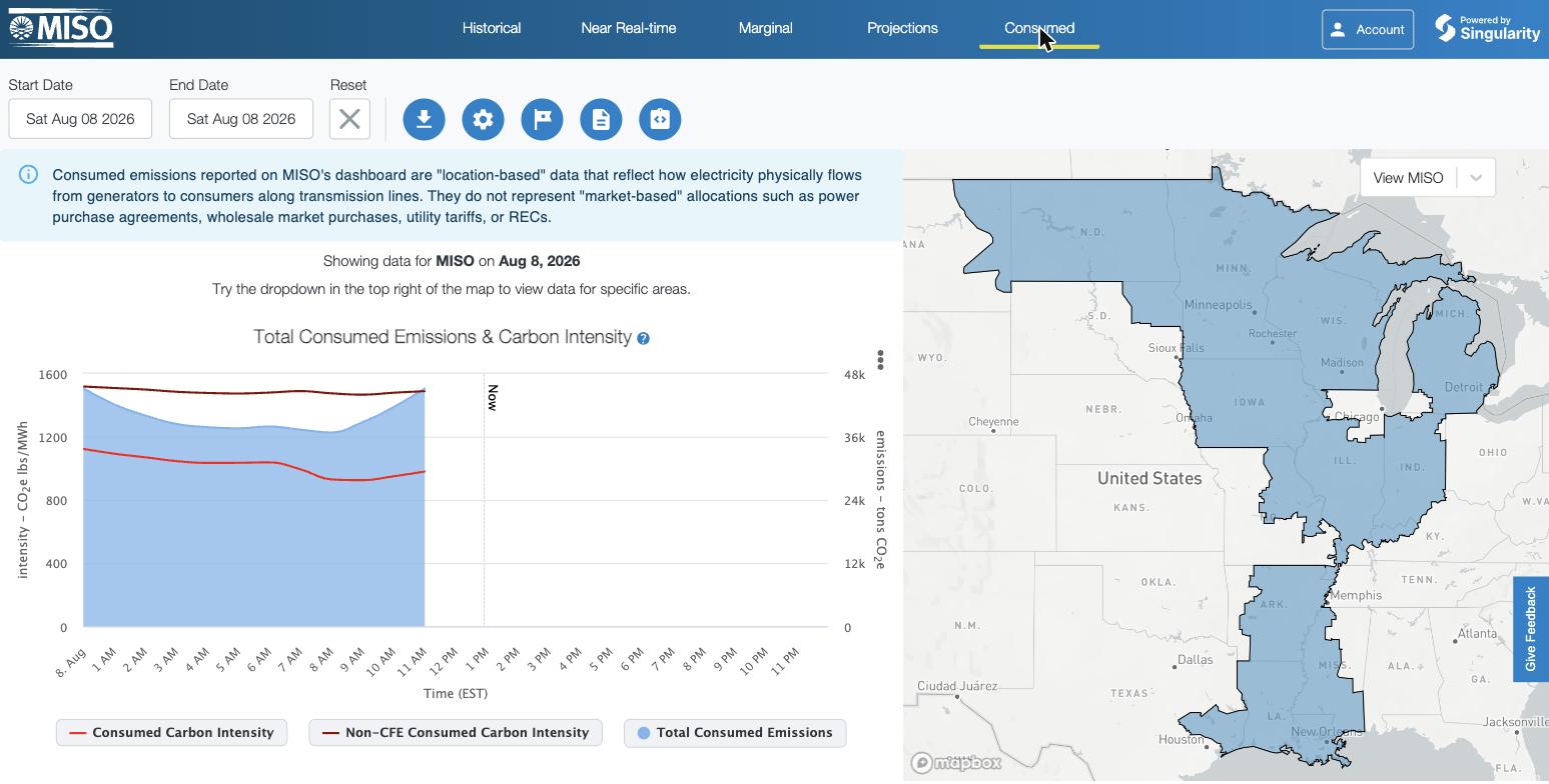 MISO consumed emissions dashboard — carbon intensity across 15 states, powered by Singularity